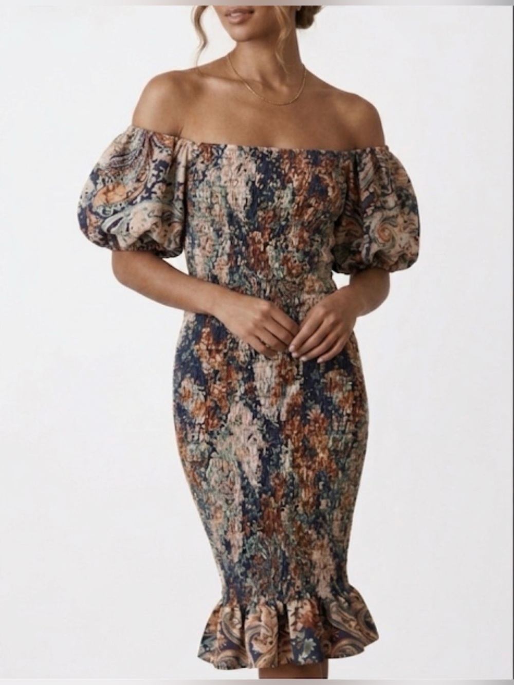 Never Fully Dressed "Jojo" Smocked Midi Dress – Abstract Blue Paisley: SZ 4